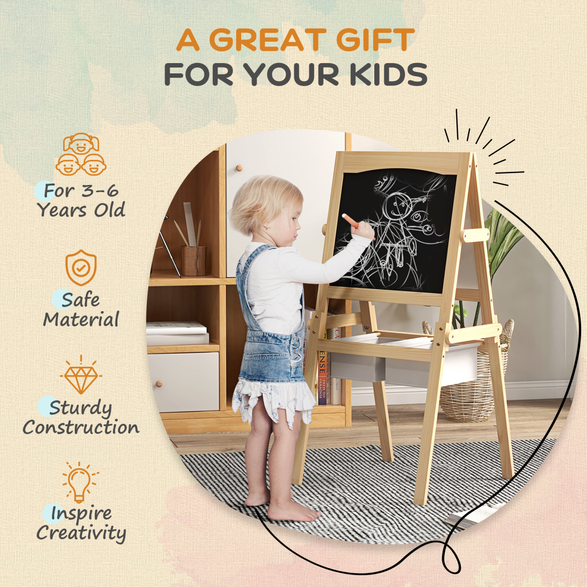 AIYAPLAY 3-in-1 Kids Easel with Paper Roll & Baskets, Natural