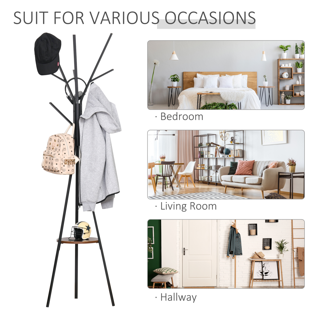 HOMCOM 180cm Freestanding Metal Coat Rack with Shelf, 9 Hooks, Brown