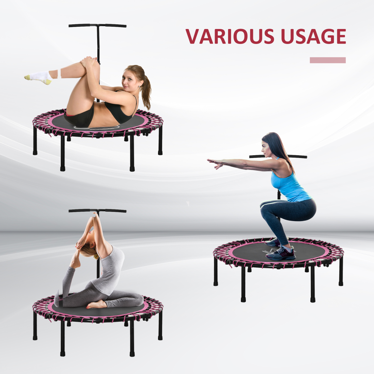 HOMCOM Folding Fitness Trampoline with Adjustable T-Bar Handle, Indoor and Outdoor Mini Rebounder, Steel Frame, 100kg Max Load