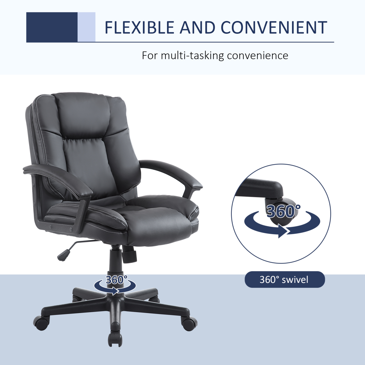 Swivel Executive Office Chair, Mid Back PU Leather, Black, with Arm