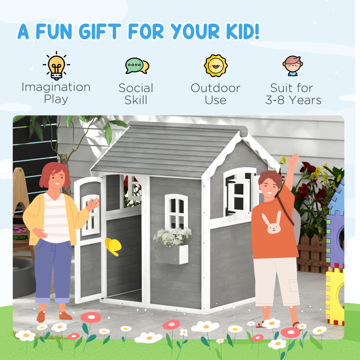 Outsunny Wooden Kids Wendy House with Floor, Grey