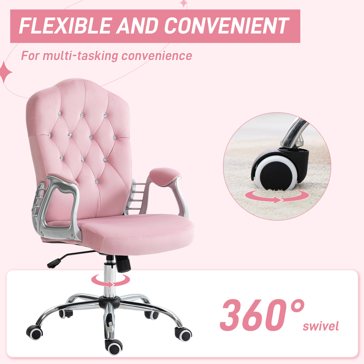 Vinsetto Pink Velvet-Feel Home Office Chair with Adjustable Height & Tilt
