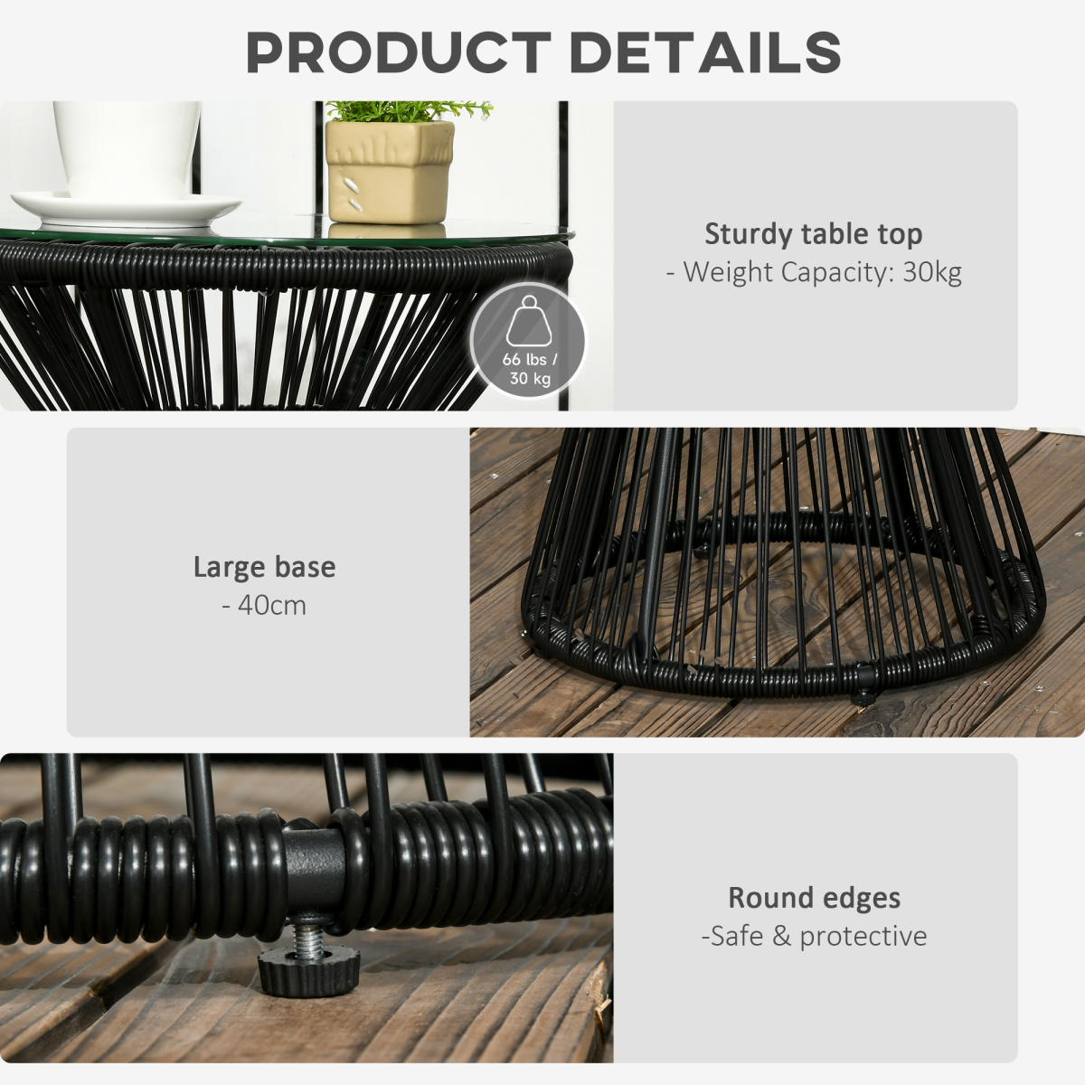Outsunny Black PE Rattan Round End Table with Tempered Glass Top, Hollow Drum Design