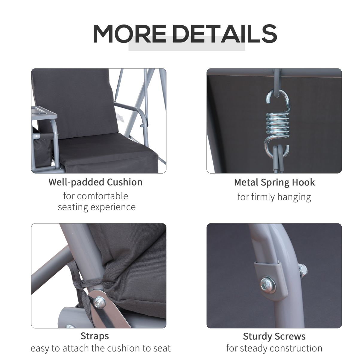 Outsunny Grey Steel Frame 2-Seater Swing Chair with Table and Cup Holders