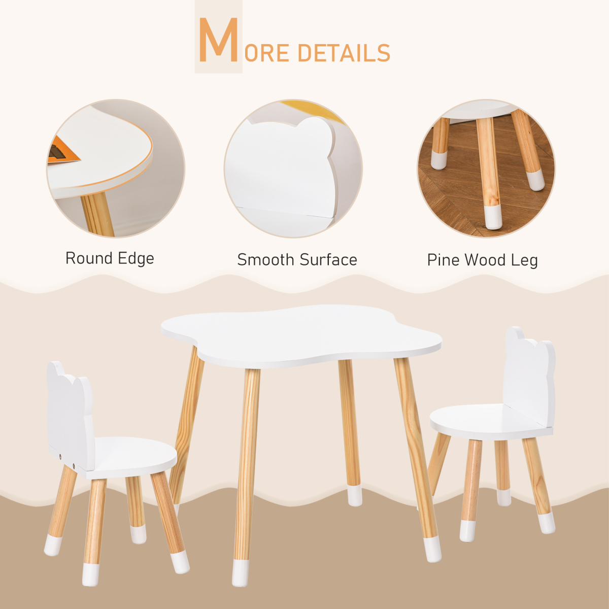HOMCOM 3-Piece Kids Table and 2 Bear-Shaped Chairs Set, White