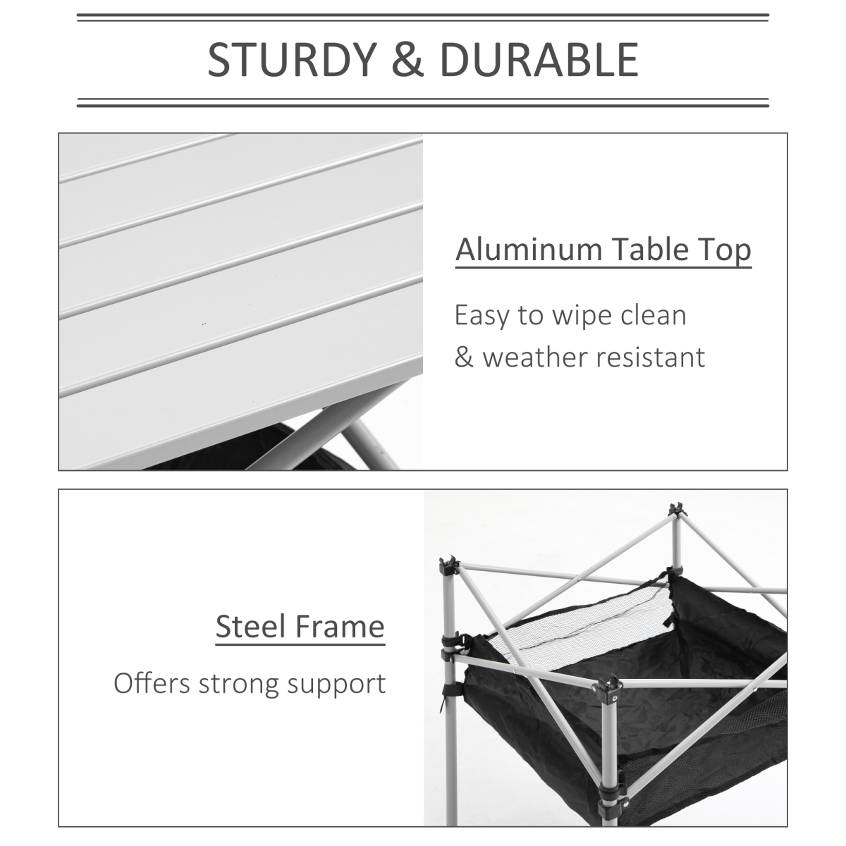 Outsunny Aluminum Roll-Top Camping Table with Storage Bag, Foldable, Silver and Black