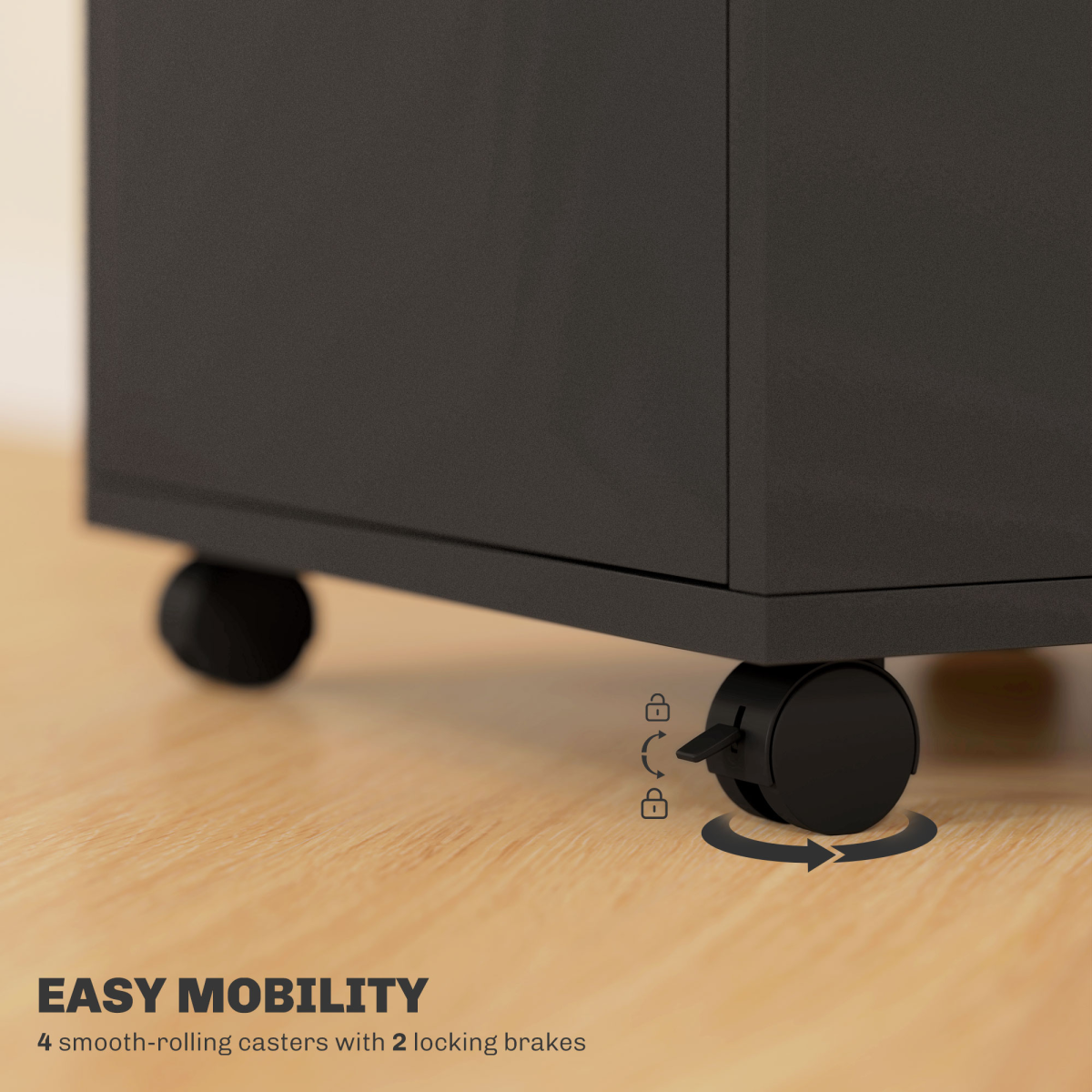 HOMCOM 60cm Black Storage Cabinet with Drawers, Open Shelf and Wheels