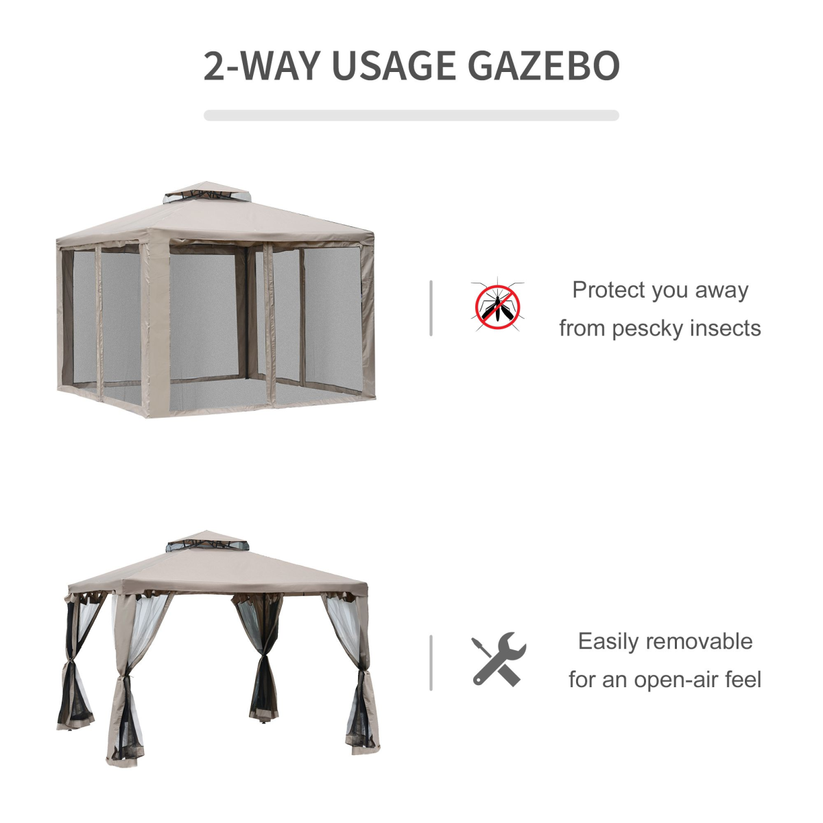 Outsunny Outdoor Gazebo with 2-Tier Roof and Mosquito Netting, 295L x 295W x 263H cm, Taupe
