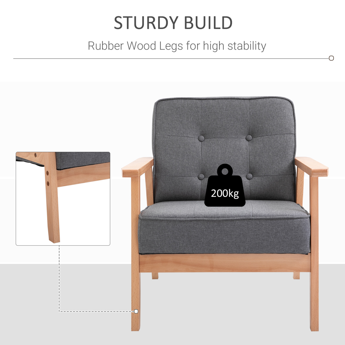 HOMCOM Retro Armchair with Beech Wood Frame, Grey Linen Upholstery