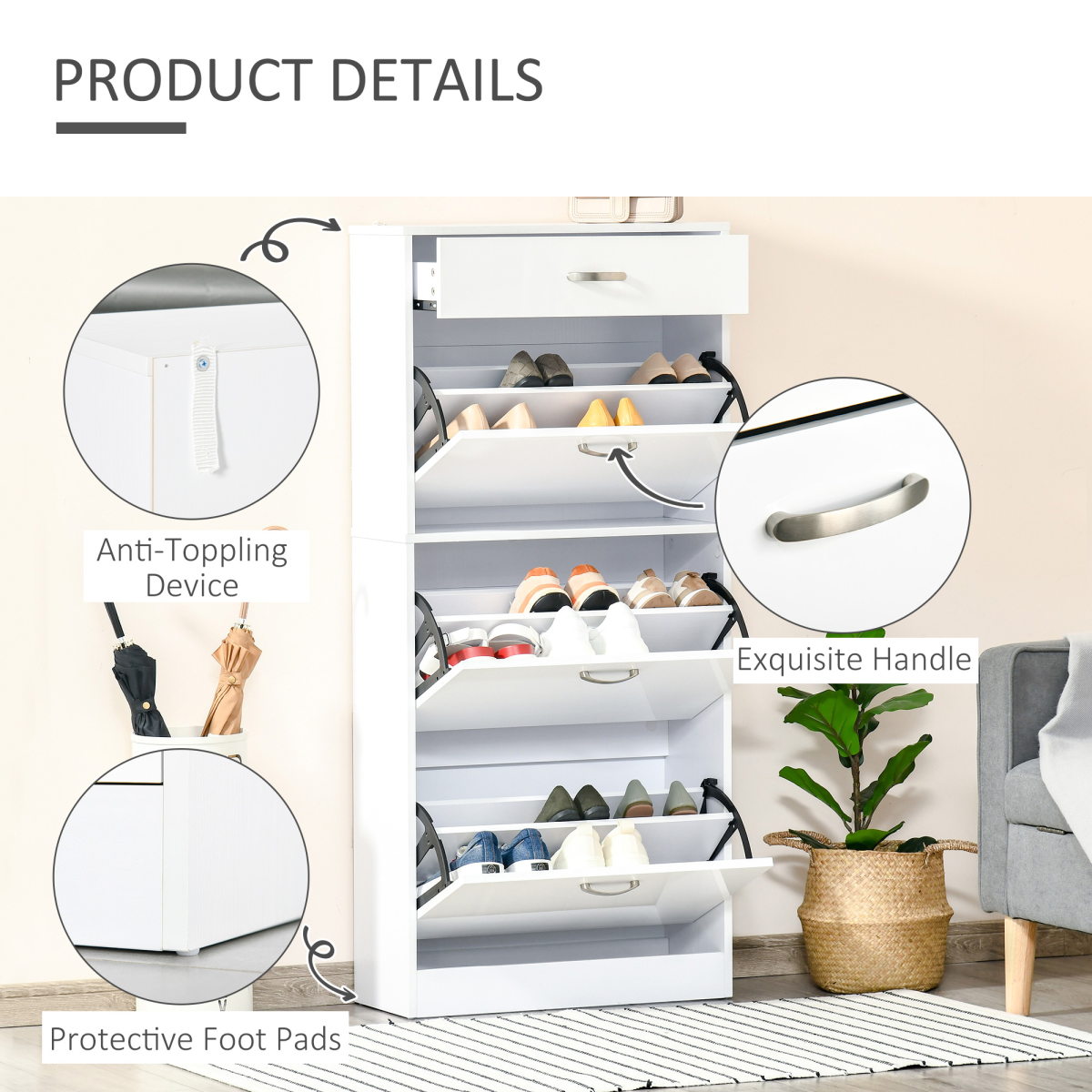 HOMCOM Shoe Cabinet with 4 Drawers, Flip Doors, Adjustable Shelf, Holds up to 18 Pairs, White