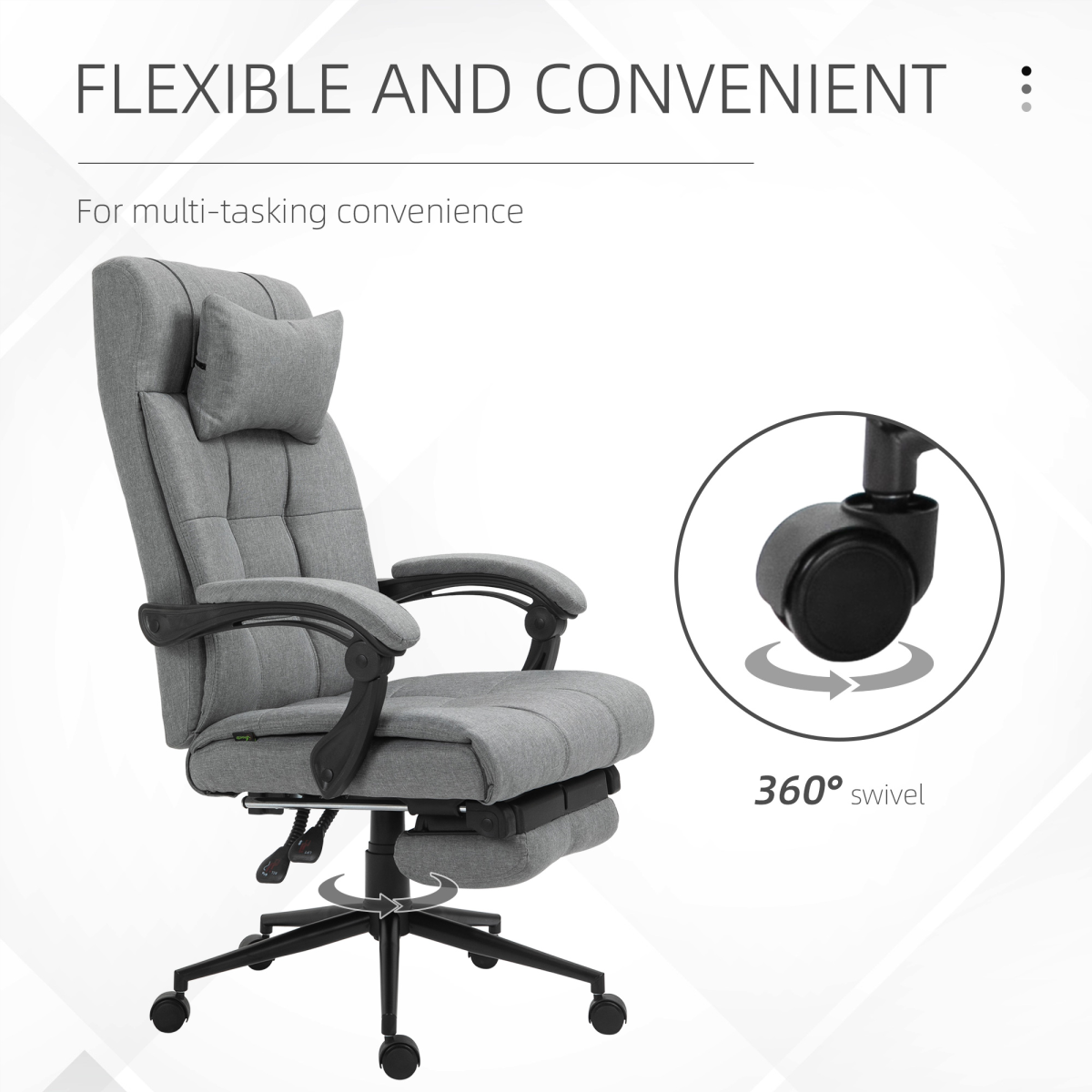 Office Chair with Footrest, Adjustable Height, 155° Recline, Swivel, Armrests, Rolling, Light Grey