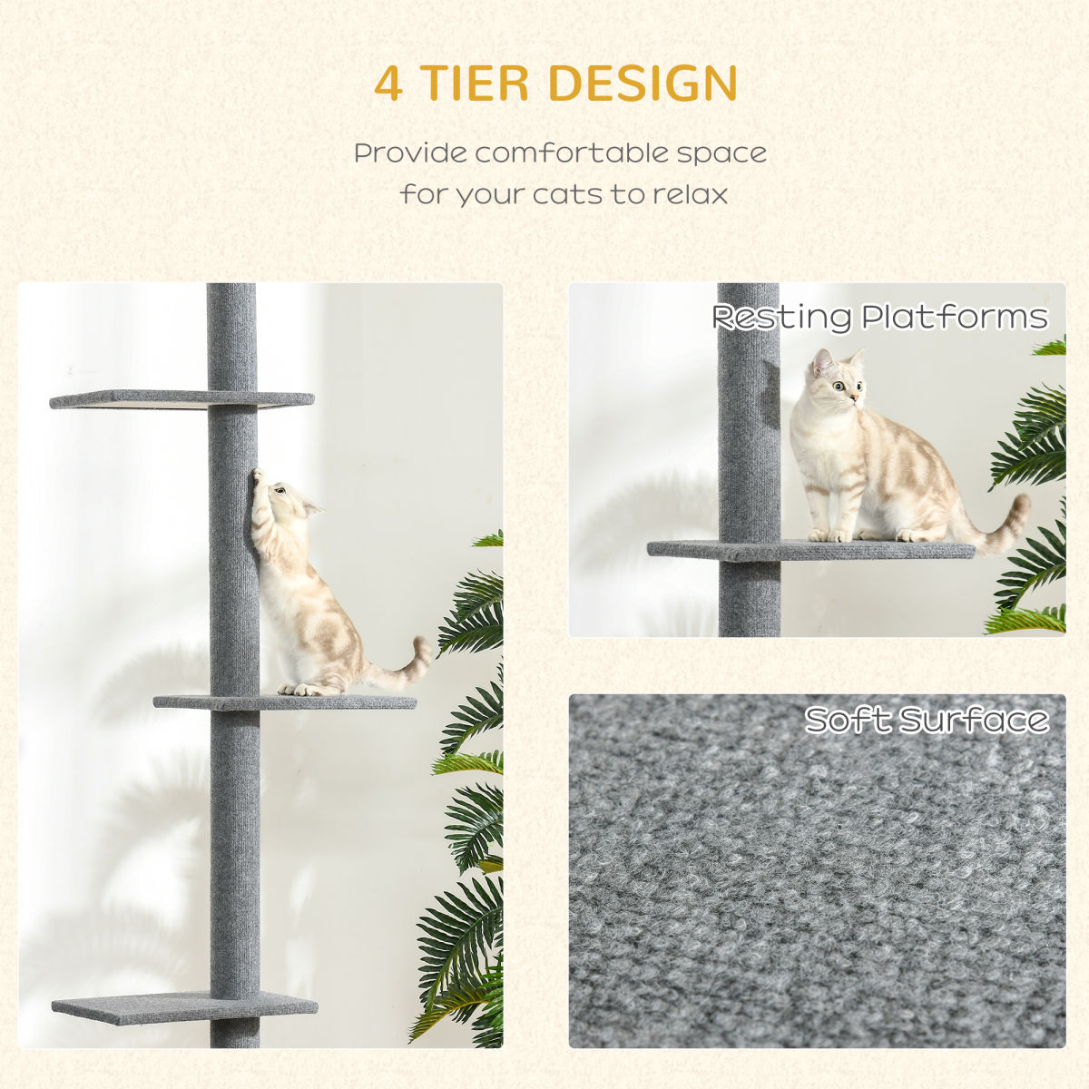 260cm Floor to Ceiling Cat Tree, Adjustable Height Cat Tower, Grey
