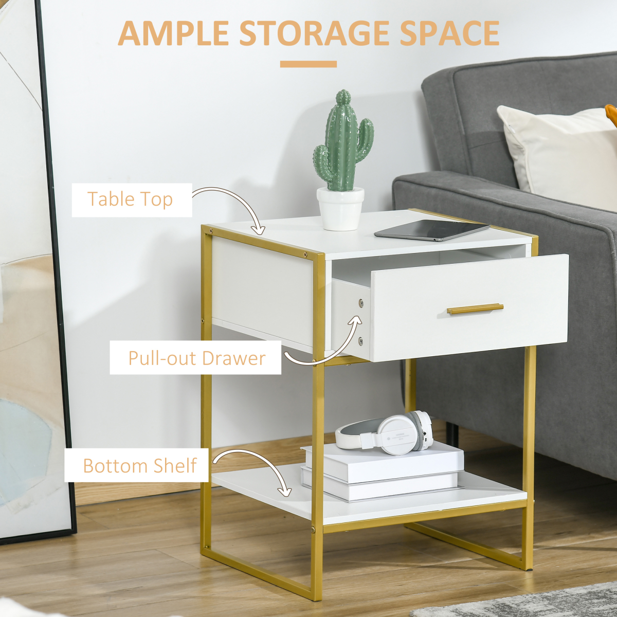 Modern White and Gold Bedside Table Nightstand with Drawer and Shelf
