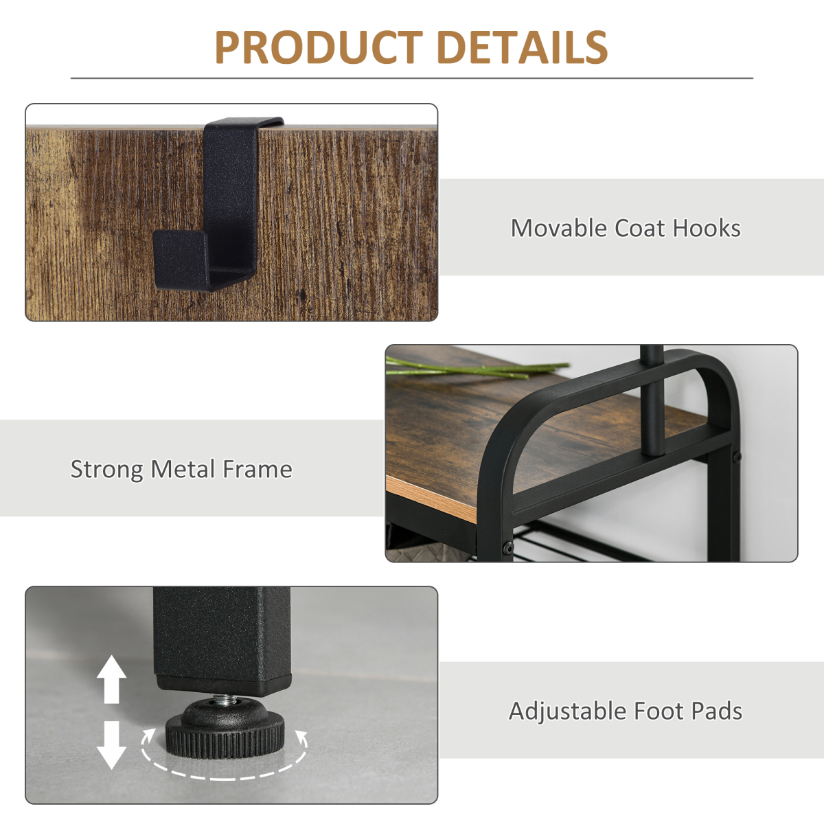 Vintage-Style Coat Rack Stand with 8 Hooks and Shelf, Brown