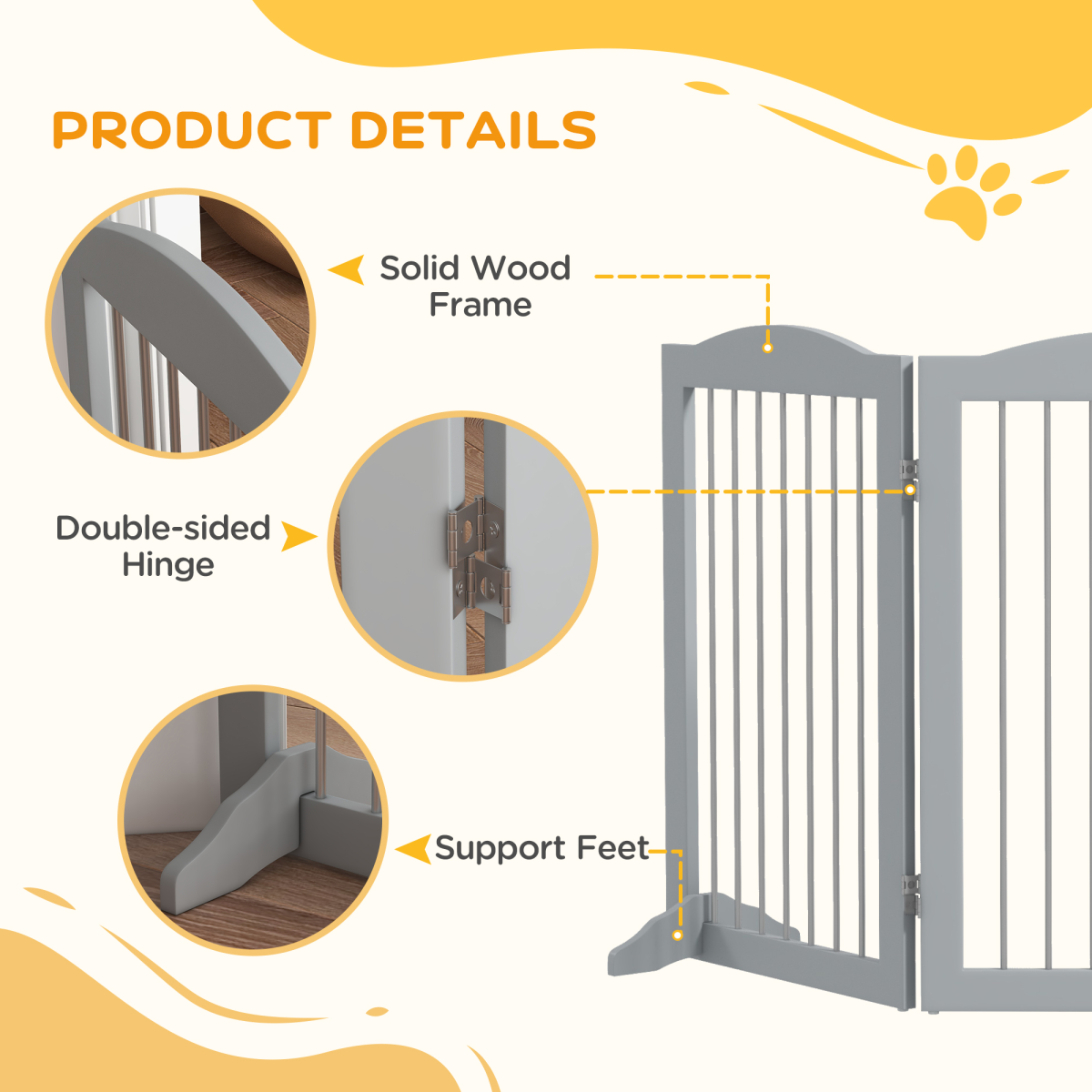PawHut Foldable Freestanding Dog Gate with 2 Support Feet, Grey