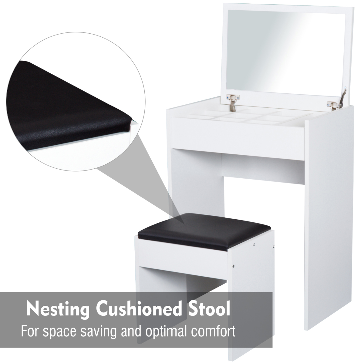 HOMCOM White Dressing Table Set with Padded Stool, Flip-Up Mirror, Hidden Storage, Multi-Purpose Desk