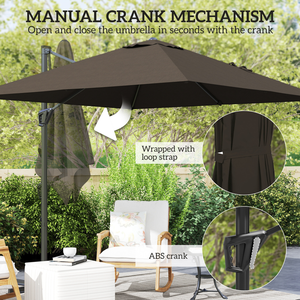 Outsunny Square Cantilever Parasol, 360° Rotating, Hand Crank, Tan