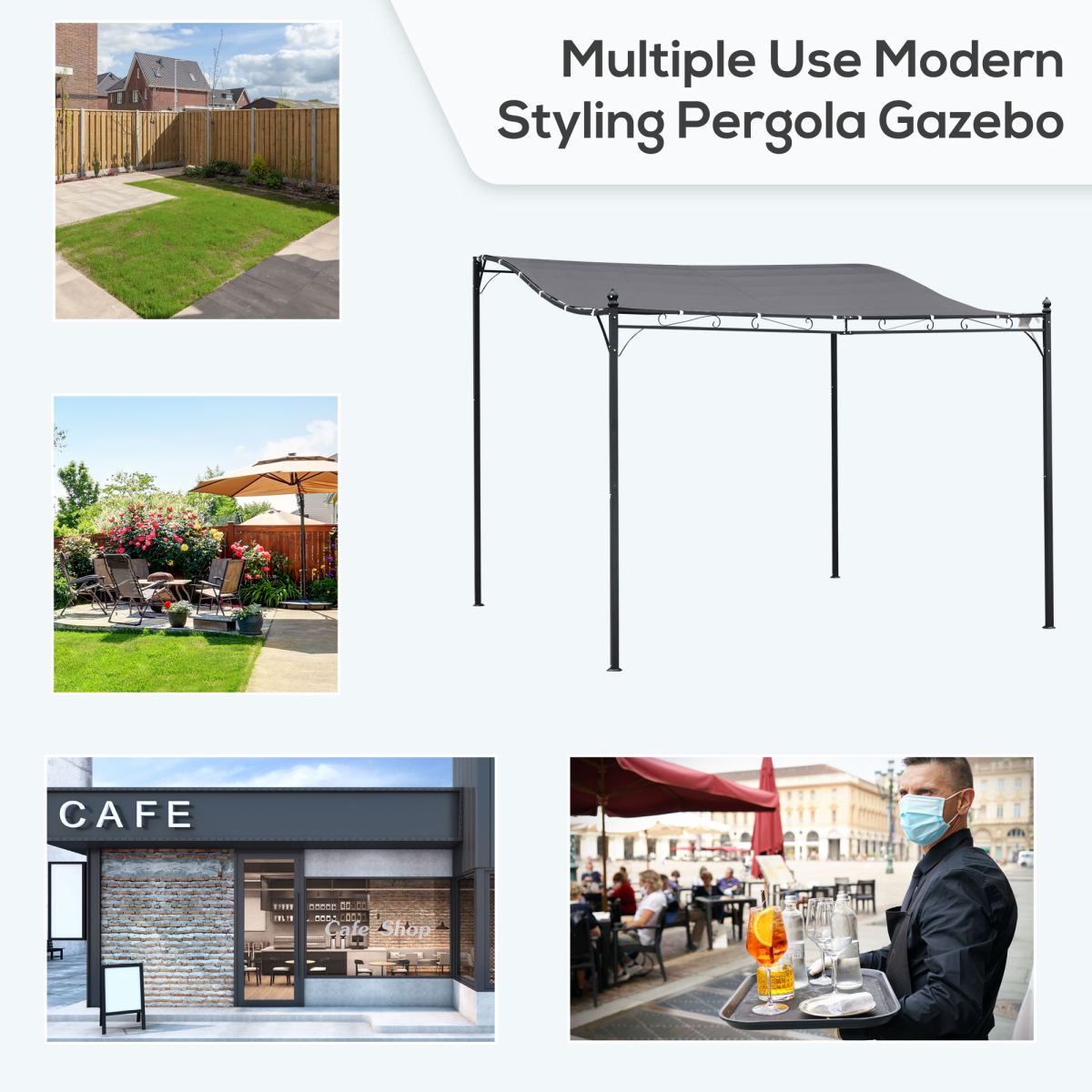 Outsunny 3x3m Freestanding Metal Wall Awning Canopy, Grey