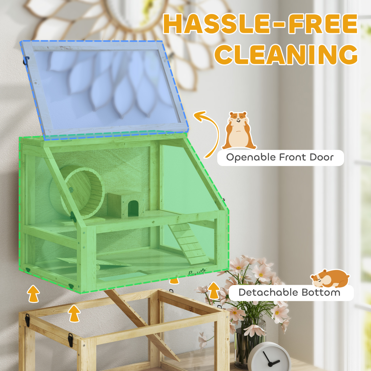 PawHut Wooden Hamster Cage with Detachable Bottom, Three-Layer Design, Hut and Seesaw, 60 x 40 x 75cm