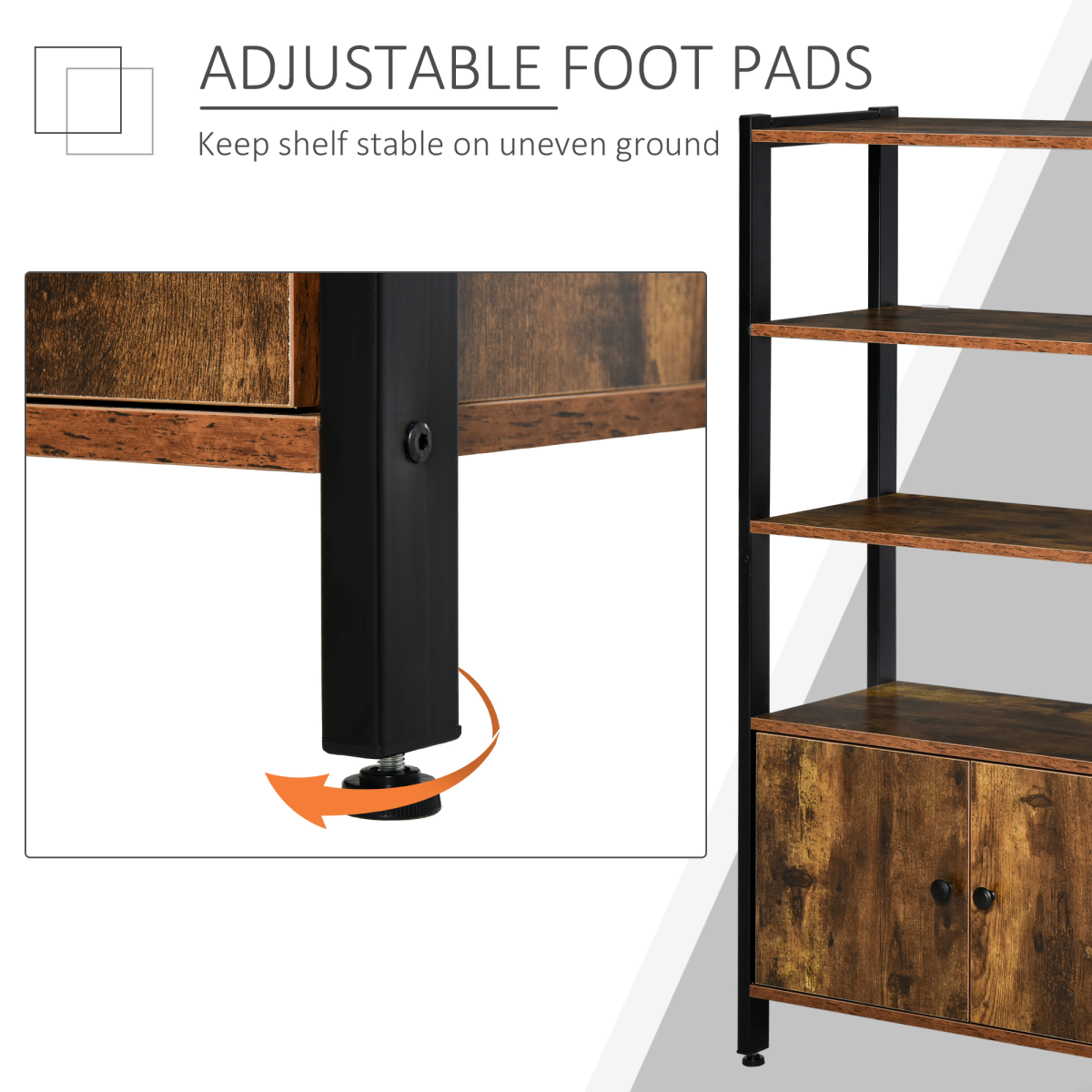 Industrial 3-Shelf Bookcase with Cupboard, Brown and Black