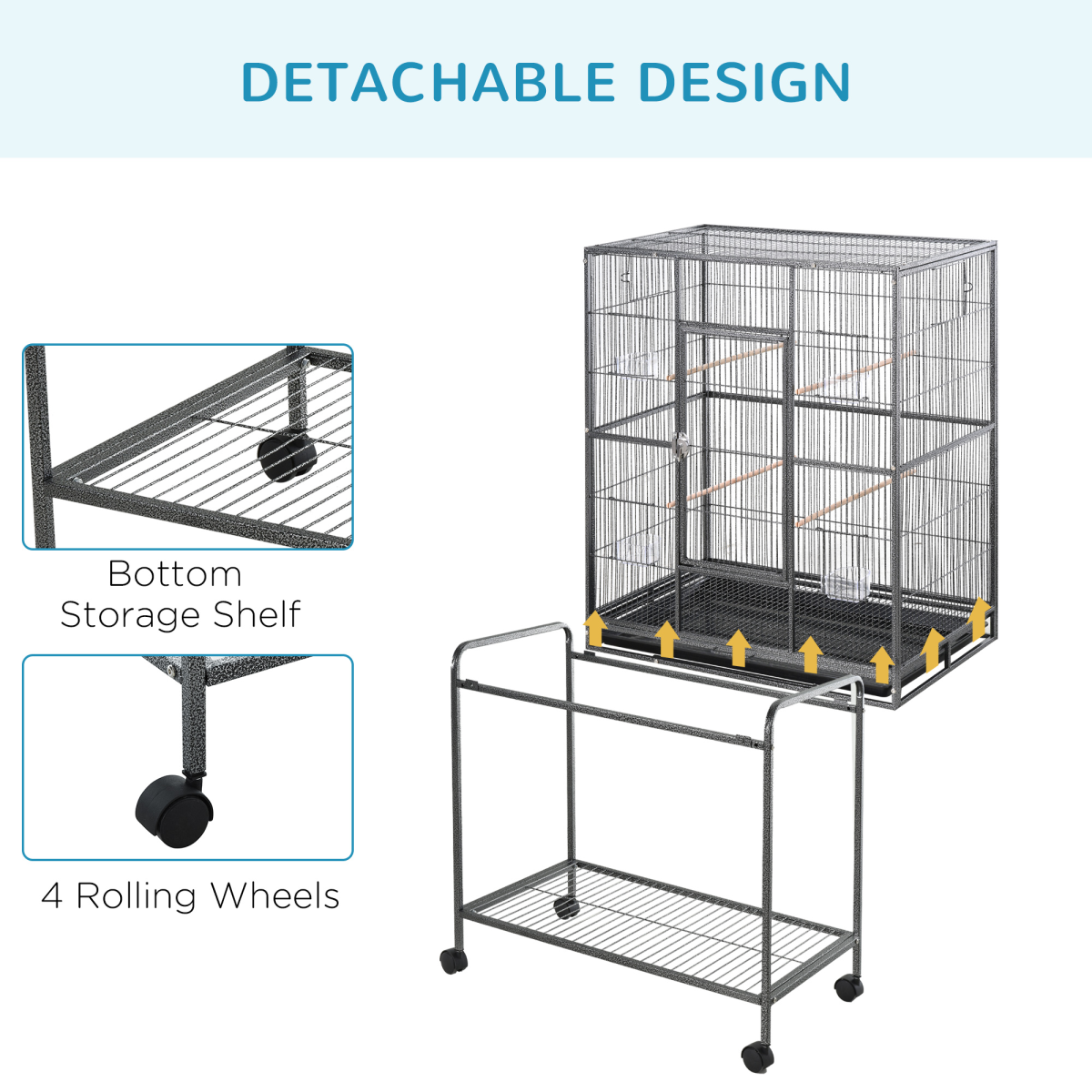 Pawhut Rolling Bird Cage with Detachable Stand, Storage Shelf, Wooden Perches, Food Containers