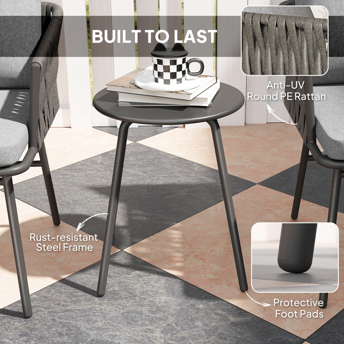 Outsunny Grey Rattan Bistro Set with Table and 4 Cushions