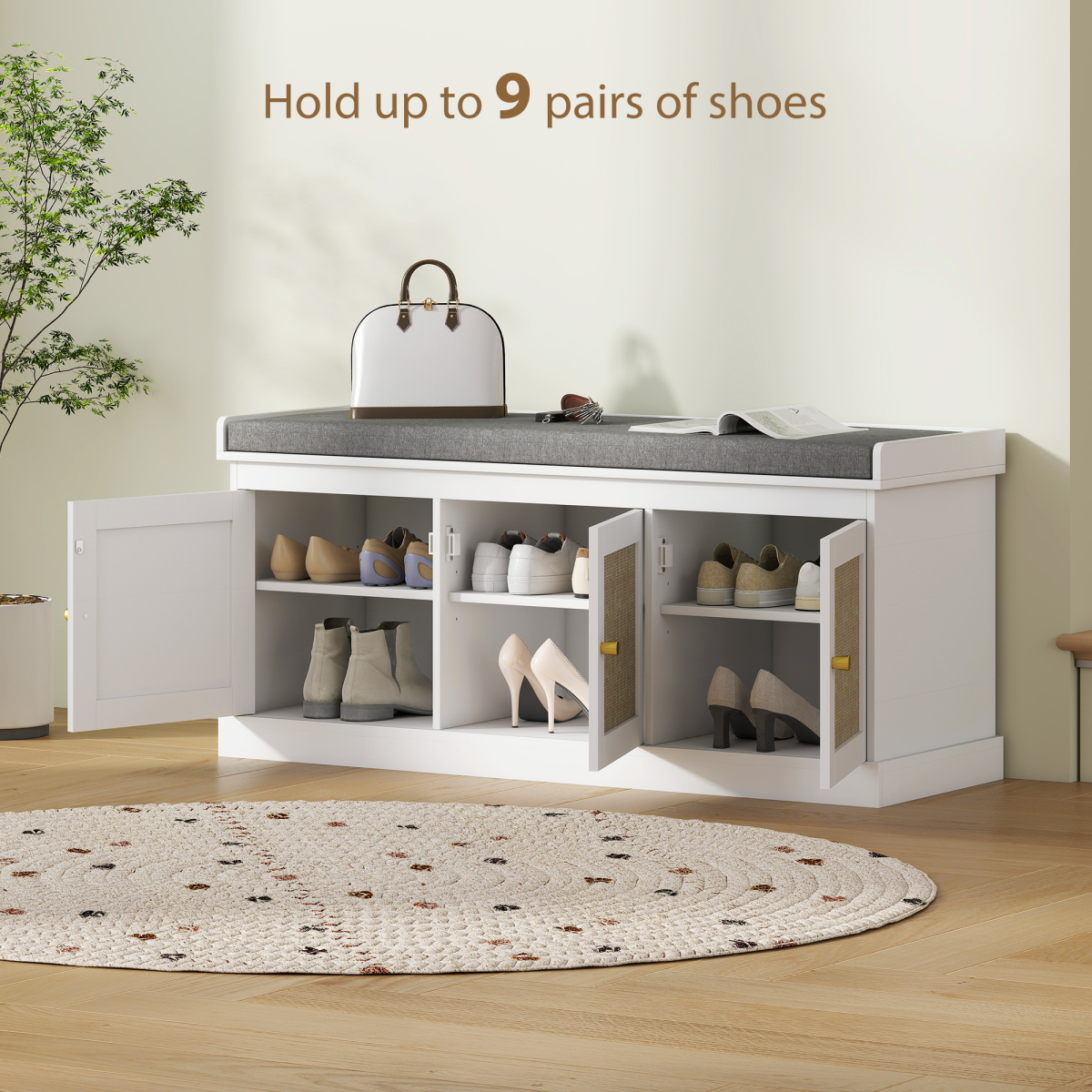HOMCOM Shoe Storage Bench with Rattan Doors and Cushion