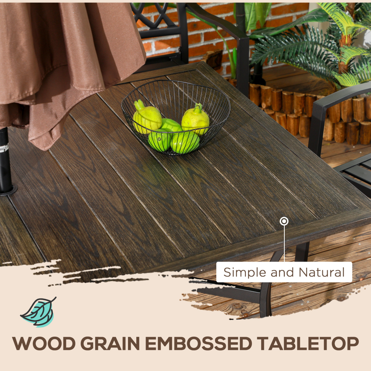 Outsunny 6-Person Garden Table with Parasol Hole, Brown, 150x96x73cm