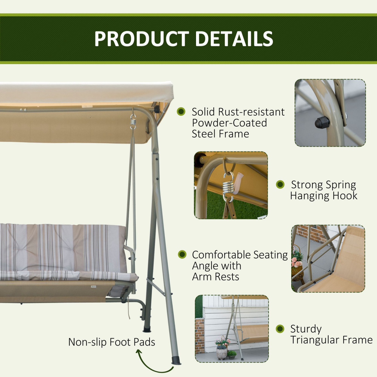 3 Person Porch Swing Chair Outdoor Lounge Bench Canopy Light Brown