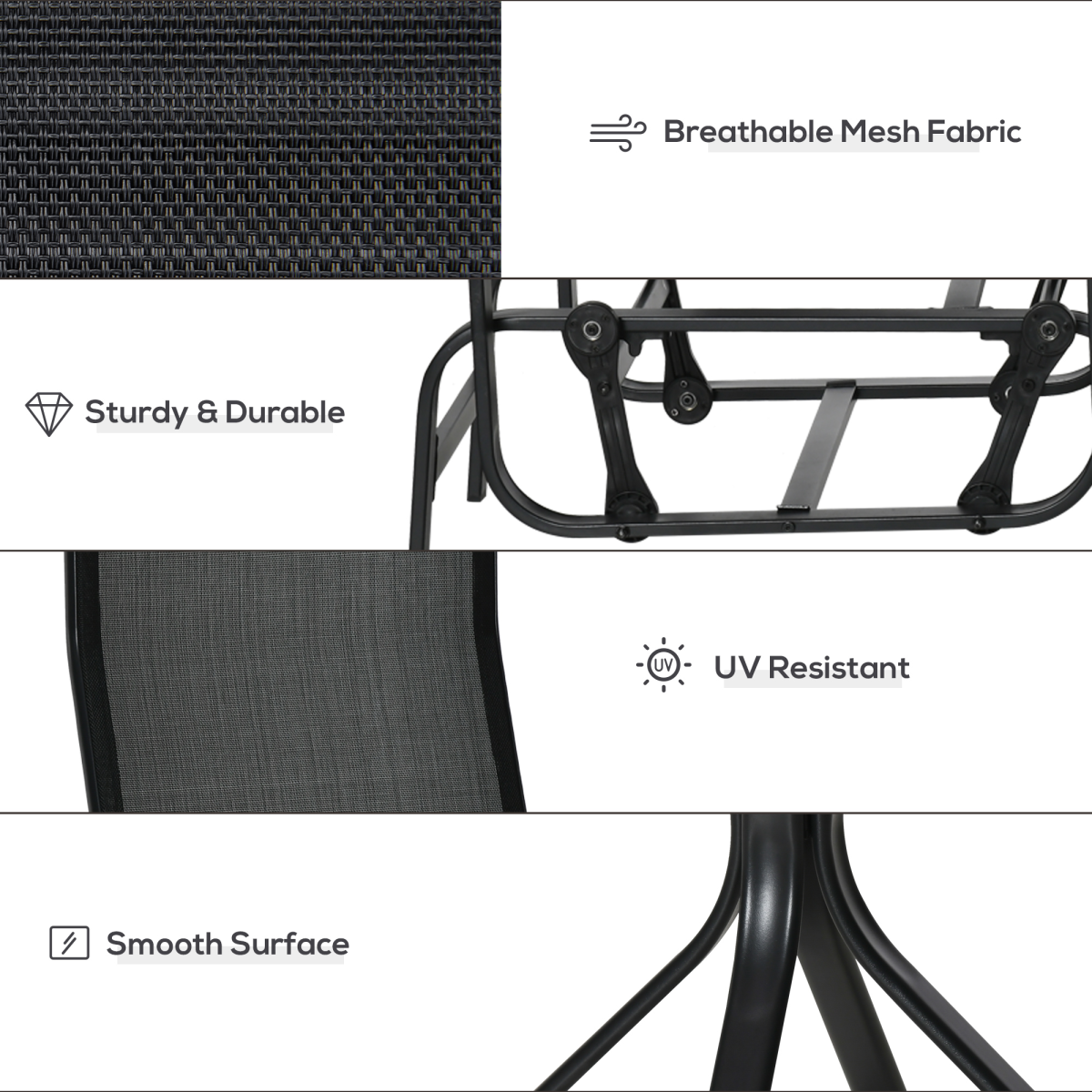 Outsunny 3-Piece Gliding Rocking Chair Set with Tea Table, Weather-Resistant Texteline Seat and Back Panels, Tempered Glass Table Top