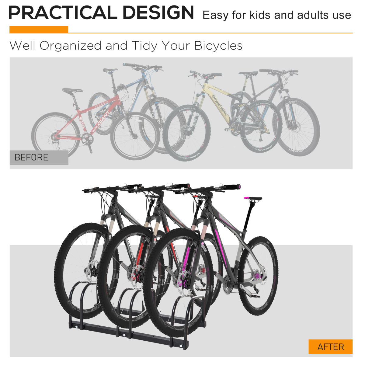 3-Bike Parking Rack, Floor or Wall Mount Bicycle Storage Stand, Detachable Steel, Black