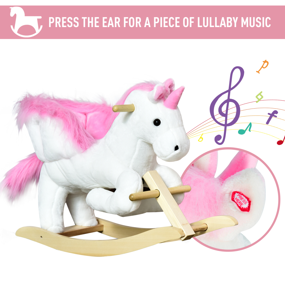 Kids Wooden Unicorn Rocking Horse Ride On Plush Toy with Soft Seat, Musical Button, Pink