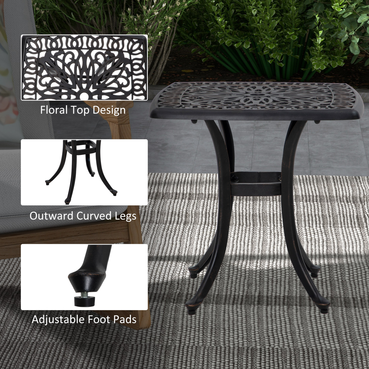 Outsunny Cast Aluminium Bistro Table with Umbrella Hole, Bronze Tone, 53 x 53 cm Square