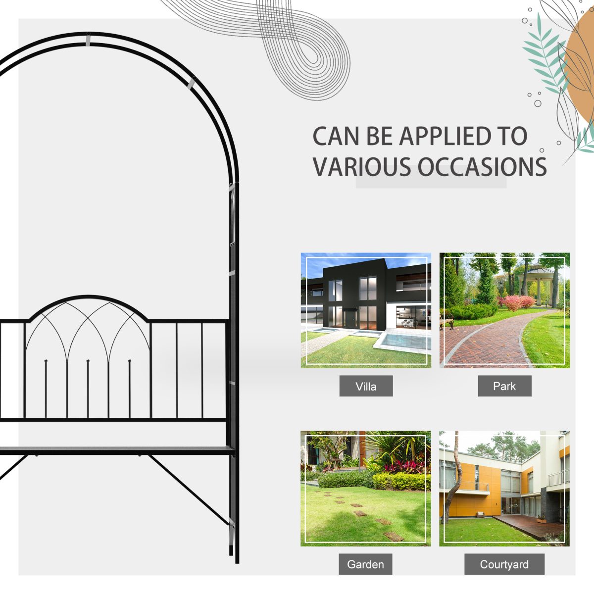 Outsunny Garden Arch Bench with Trellis Arbor, Outdoor Patio Metal Bench for Climbing Plants, Antique Black