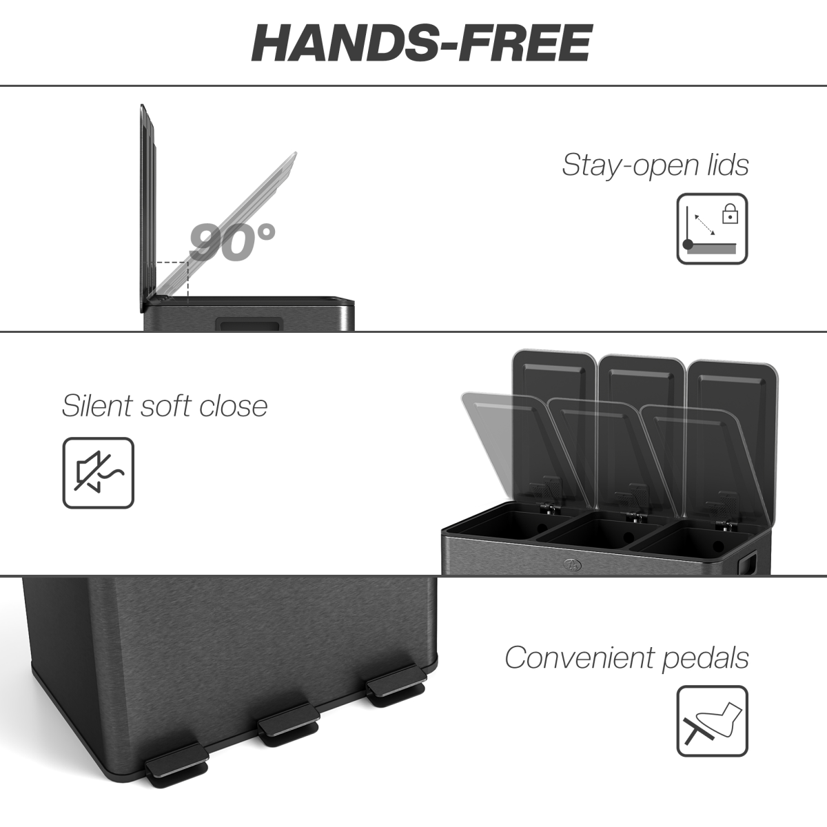 HOMCOM 3 x 20L Triple Kitchen Recycling Pedal Bin, Black