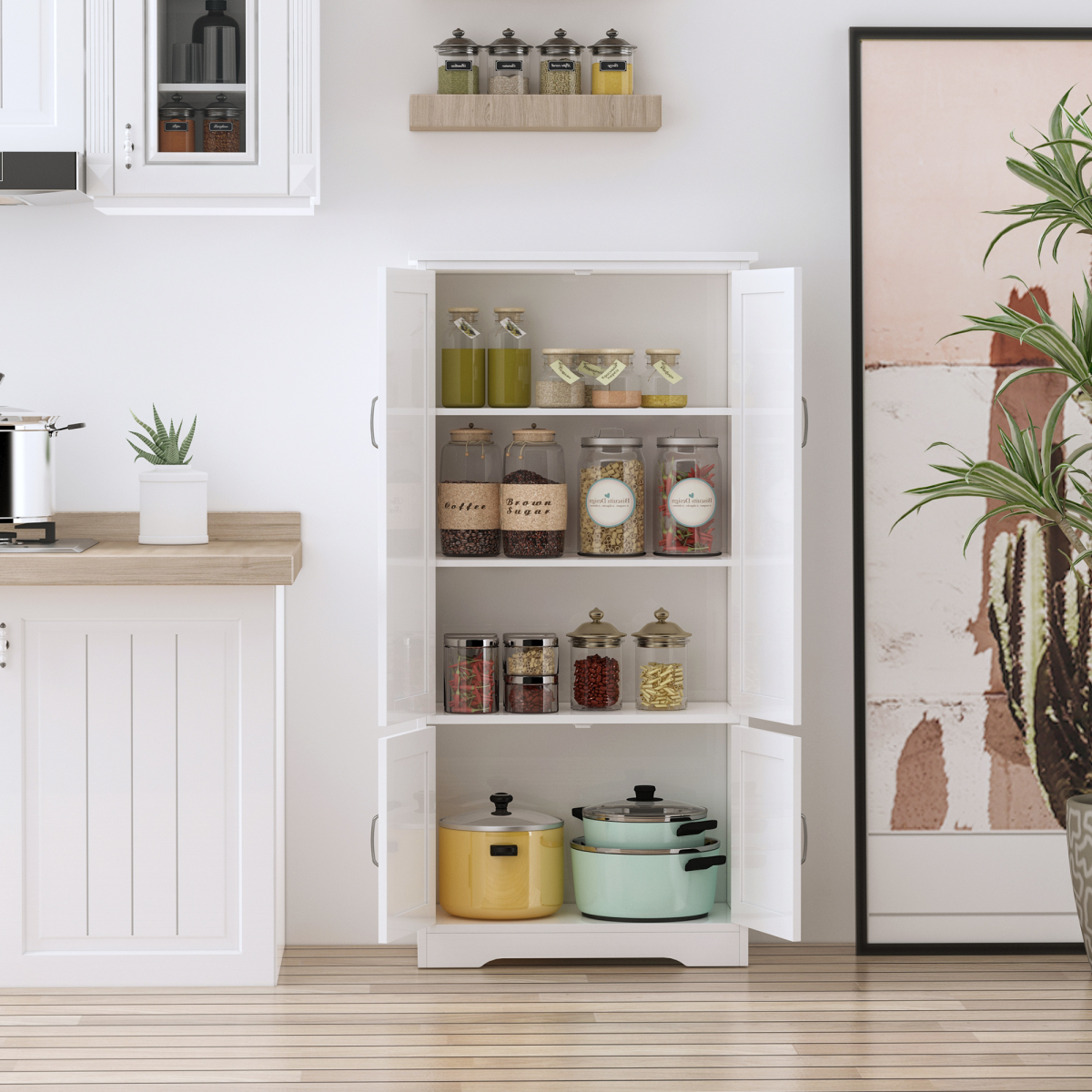 Modern Freestanding Storage Hutch Cabinet with 4 Doors and Adjustable Removable Shelves