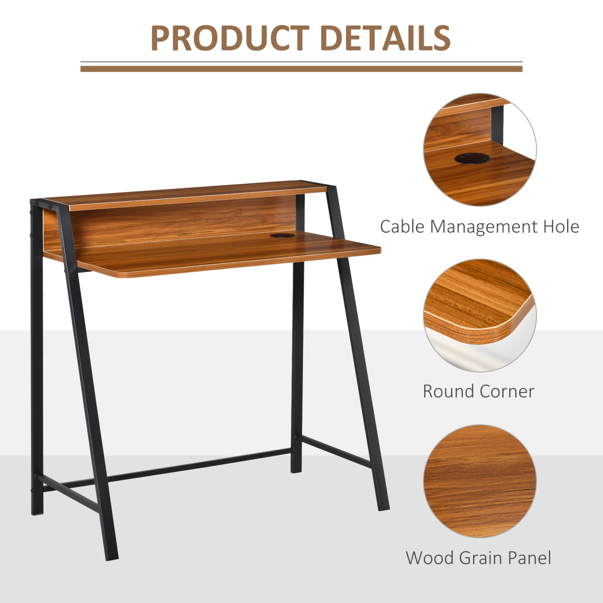 HOMCOM Computer Table, Two-Tier Table Top, Steel Frame, Walnut Colour, 84 x 45 x 85 cm