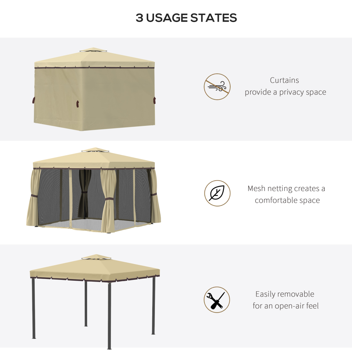 Outsunny 3x3m Patio Gazebo with Two-Tier Polyester Canopy, Mosquito Net, Aluminium and Steel Frame, Curtains
