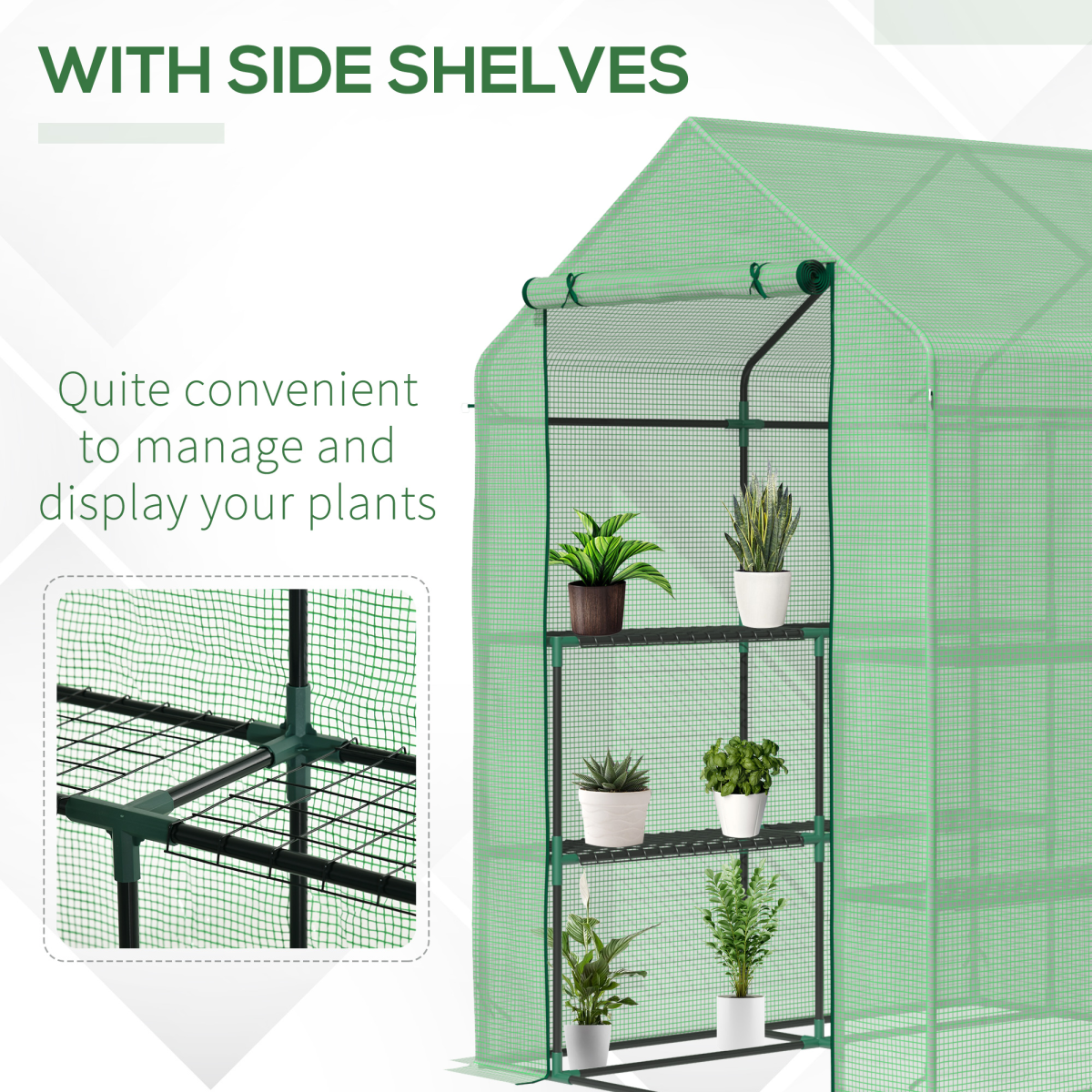 Walk-In Garden Greenhouse with Shelves, Roll-Up Door, 143x138x190cm