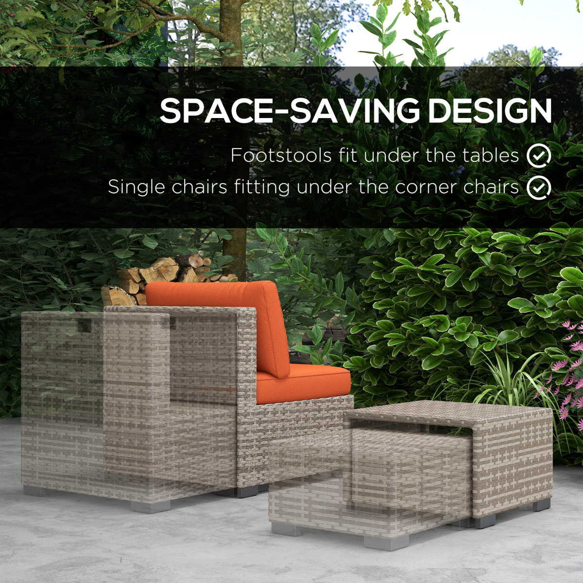 Outsunny 8-Piece Outdoor Patio Rattan Furniture Set with Cushioned Chairs, Footstools and Square Tables