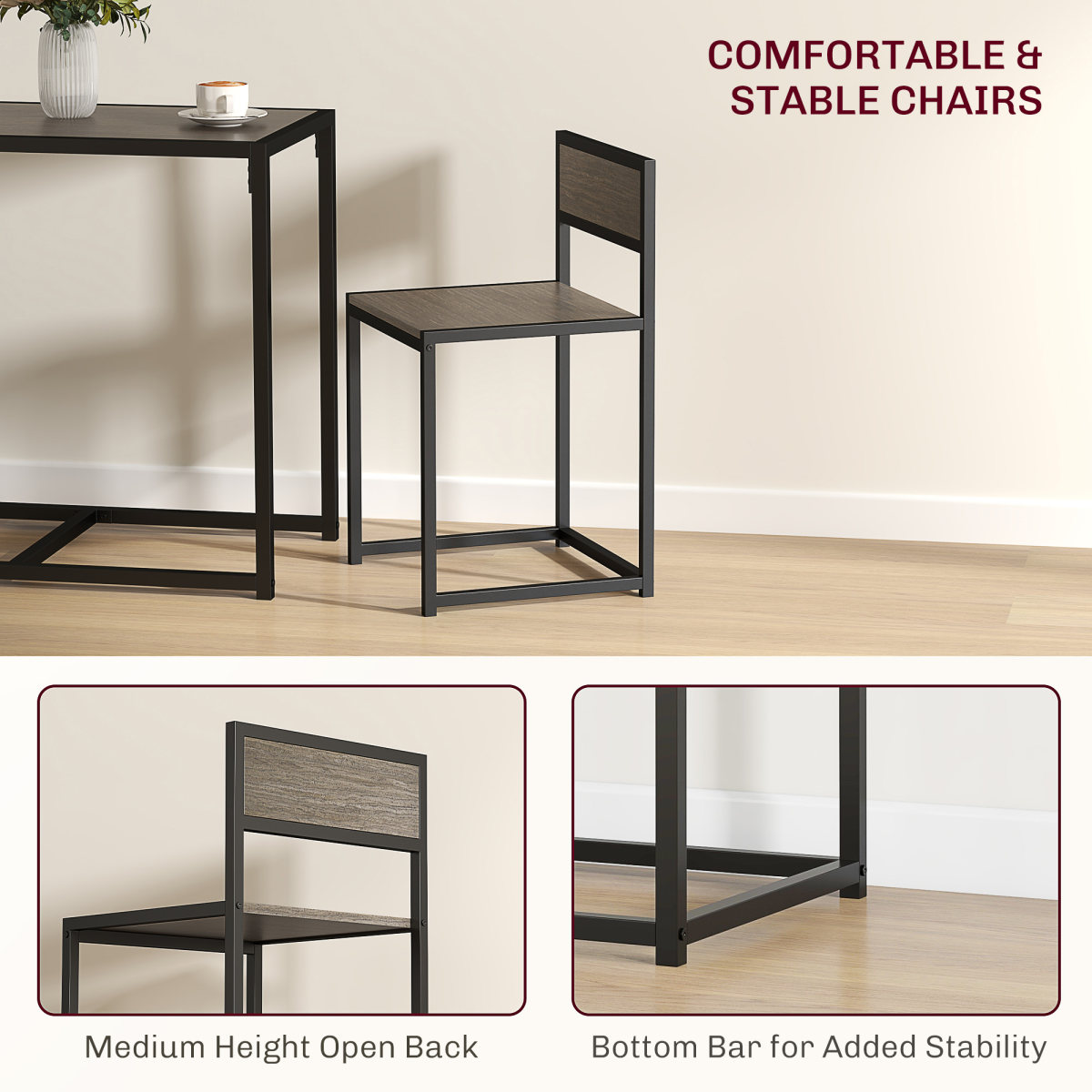HOMCOM 3-Piece Dining Table Set, Steel Frame, Grey Wood-Effect