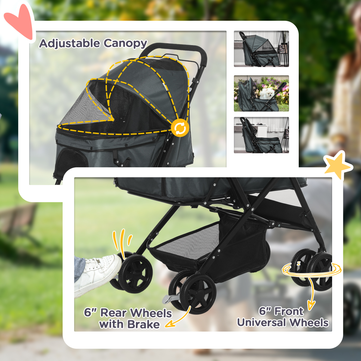 PawHut Foldable Pet Stroller with Reversible Handle, Grey