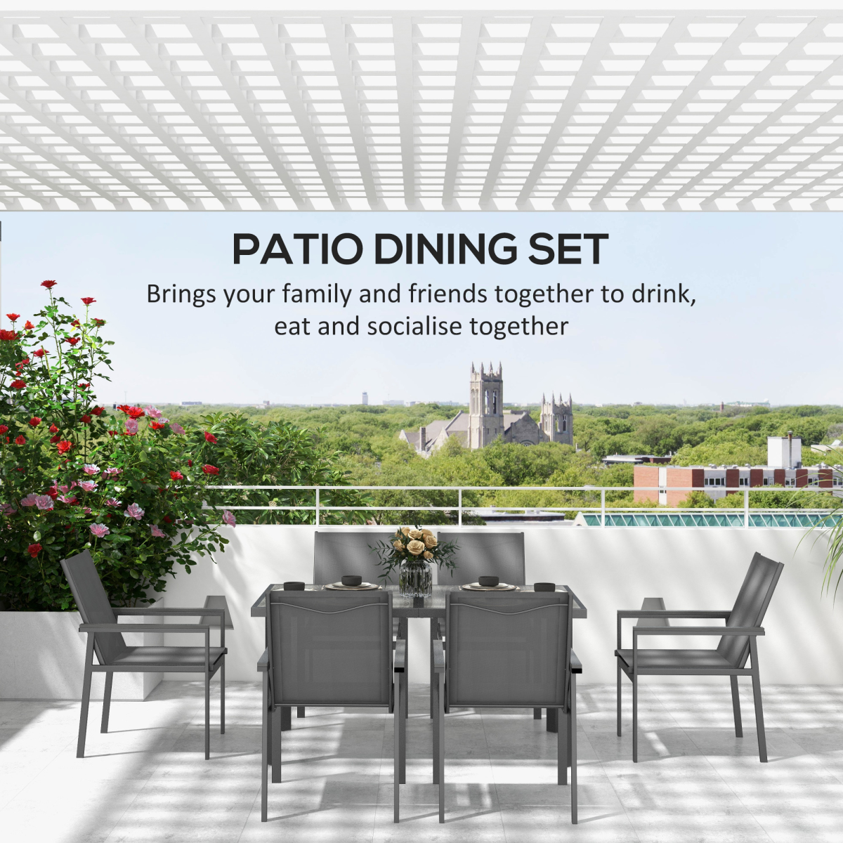 Outsunny 7 Piece Outdoor Garden Dining Set with Rectangular Table and 6 Chairs, Grey