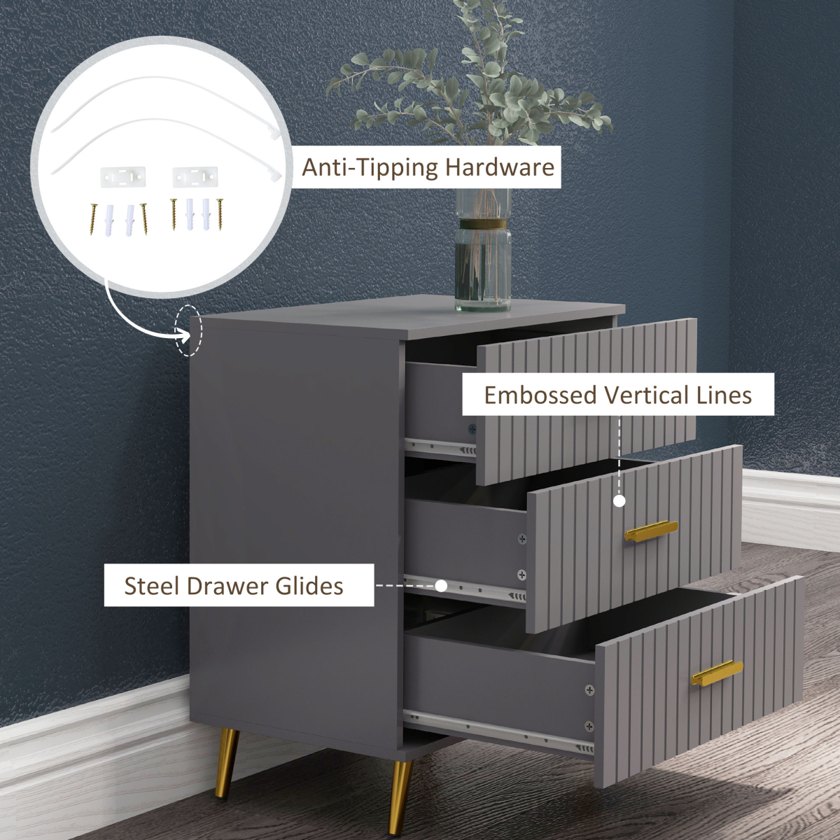 HOMCOM 3-Drawer Chest of Drawers with Aluminium Legs, Dark Grey