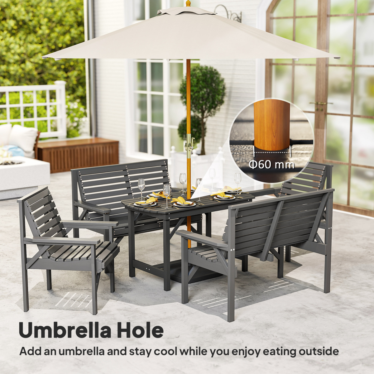 Outsunny 5-Piece Wooden Patio Dining Set, Grey, with Umbrella Hole