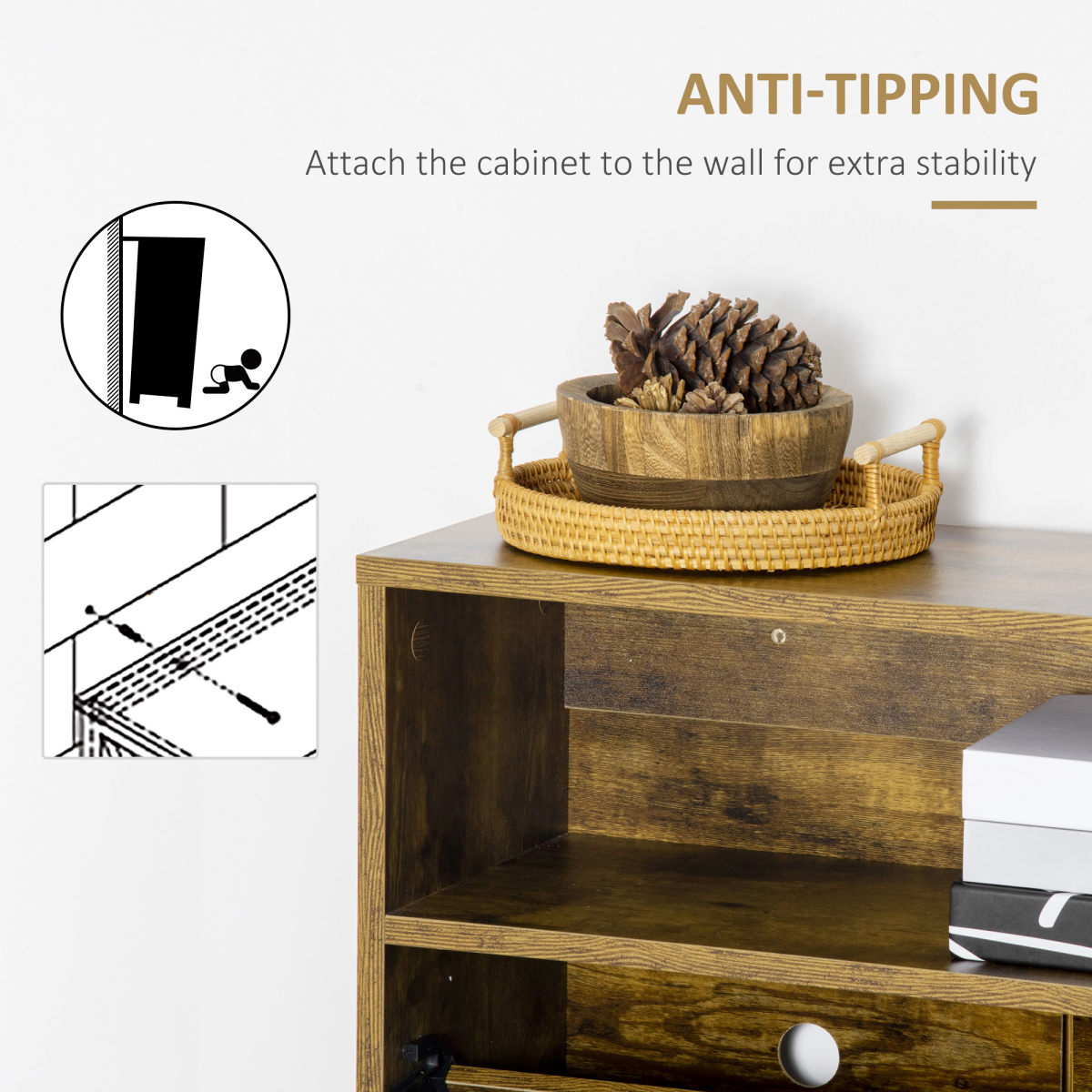 Rustic 2-Tipping-Door Shoe Cabinet with Adjustable Dividers and Open Shelf
