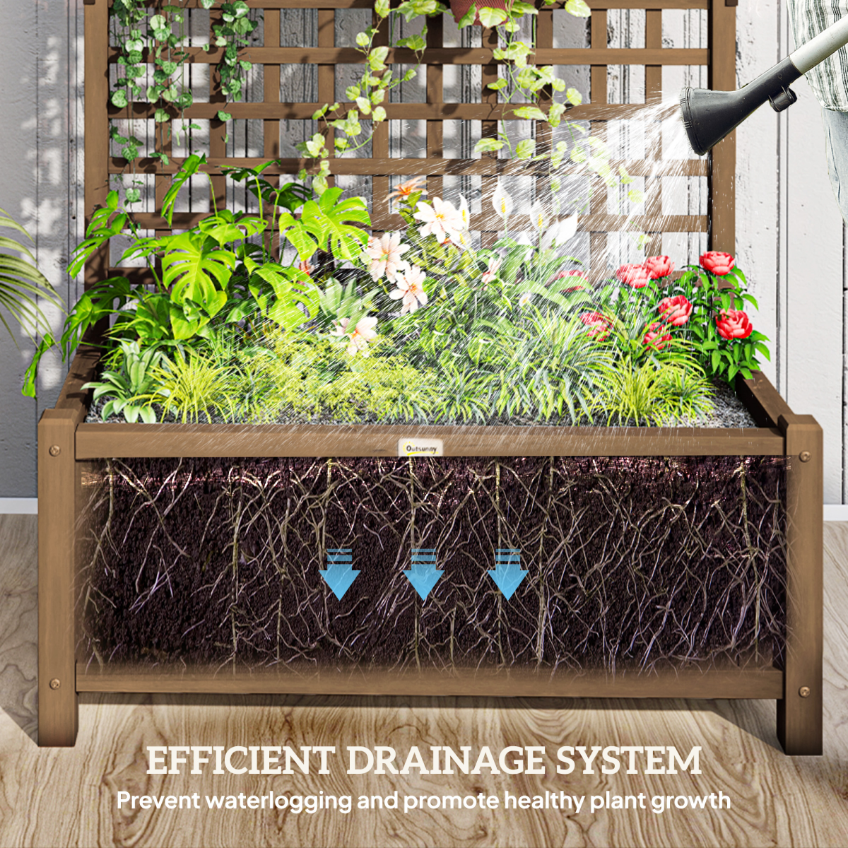 Outsunny Wooden Raised Garden Bed with Trellis and Drain Holes