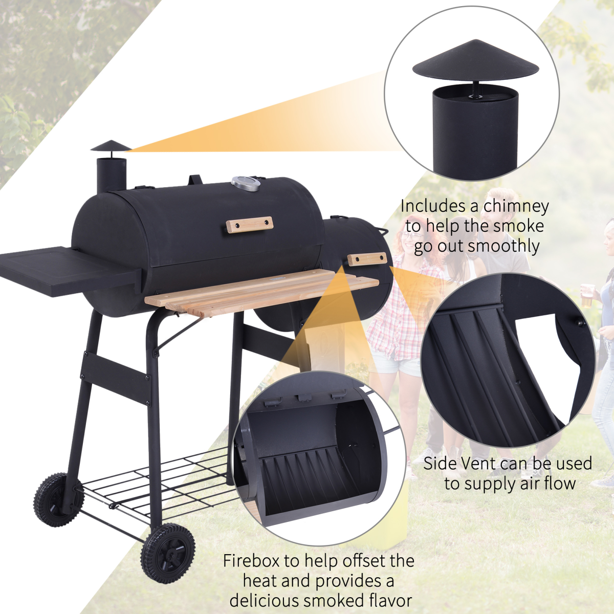 Outsunny Portable Charcoal BBQ Grill with Offset Smoker, Steel, Thermometer, Side Shelves and Wheels