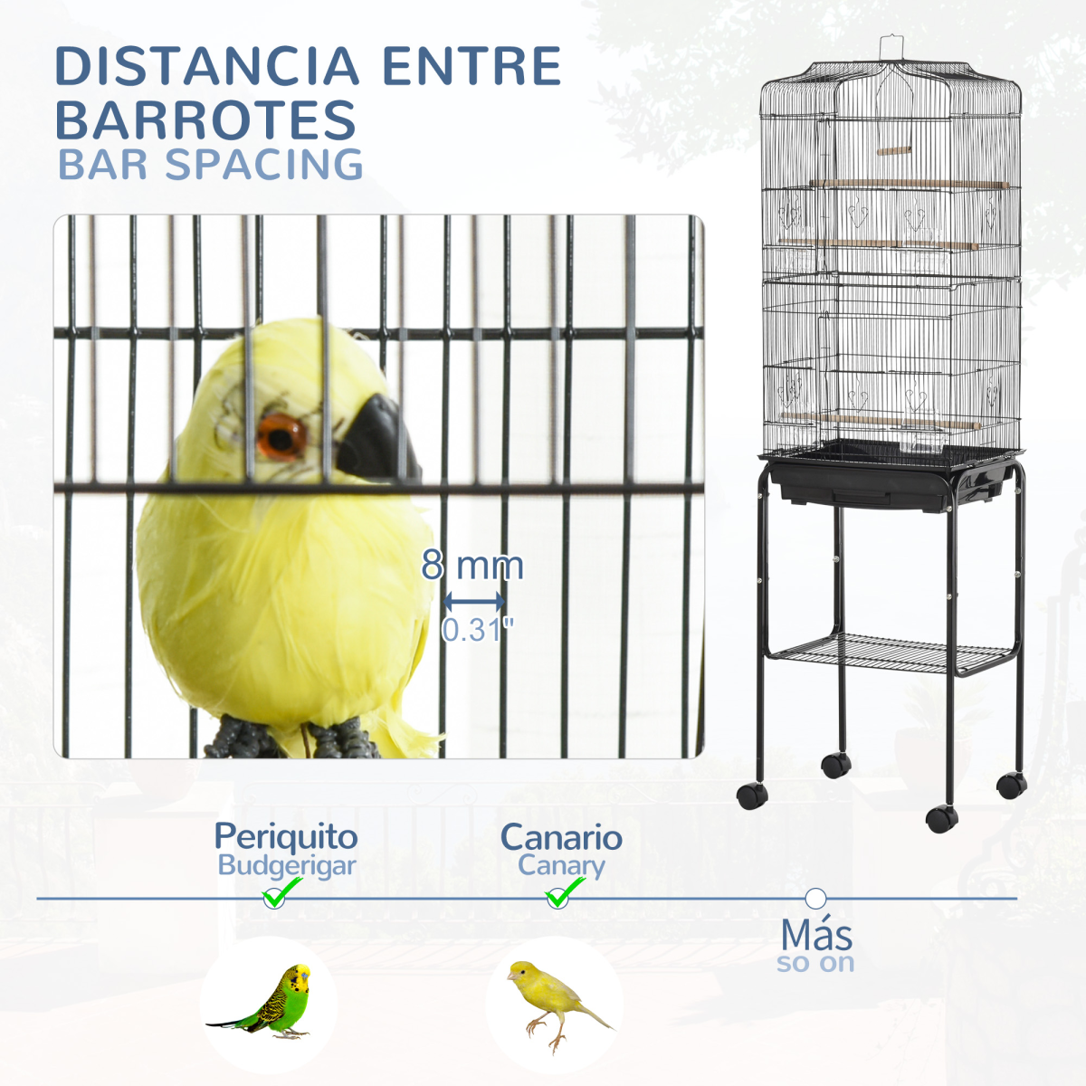 PawHut Metal Bird Cage with Rolling Stand, Slide-Out Tray and Storage Shelf, Black