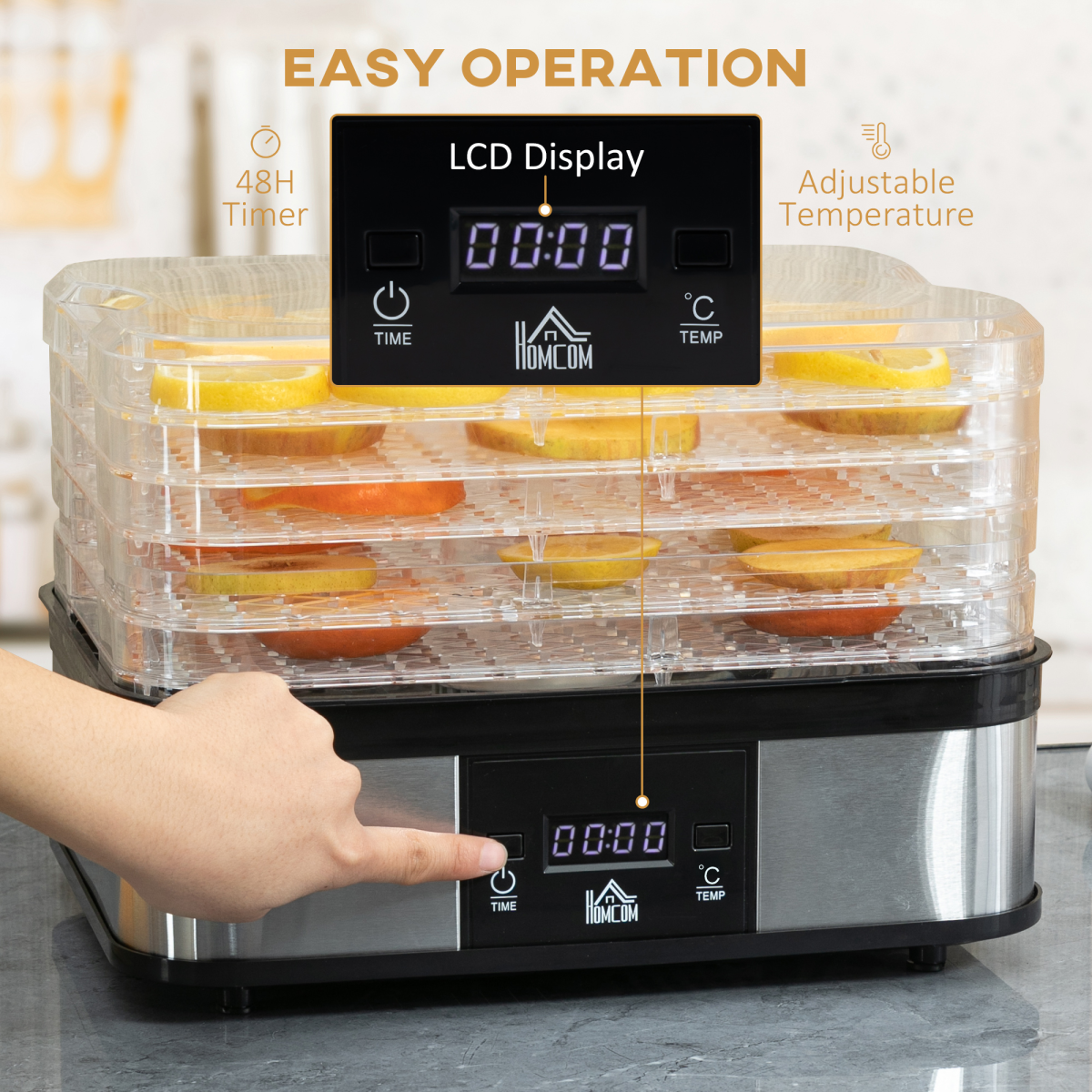 HOMCOM 5-Tier Stainless Steel Food Dehydrator, 245W, LCD Timer